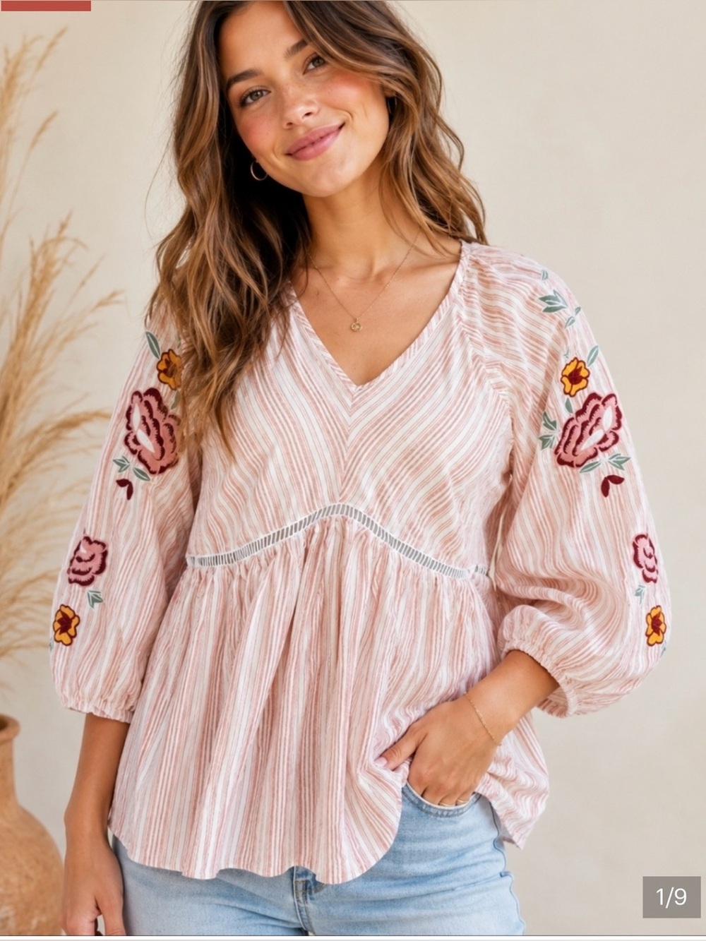 Easel LA Boho Embroidered Babydoll Blouse Small Striped Puff Sleeve Top S